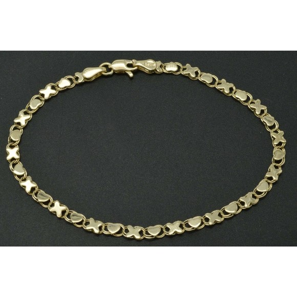 10k Yellow Solid Gold Mirrored Heart & kiss Link Charm Bracelet 7 8